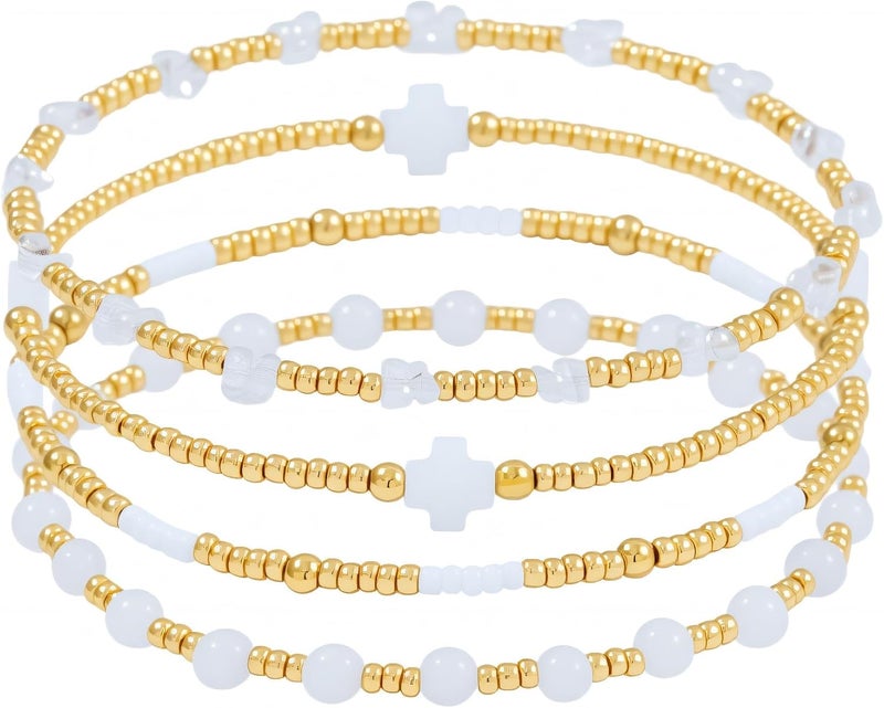 Pymach Store Dainty Gold Plated Pearl Crystal Beaded Bracelets Set for Women 14K Gold Plated Bead Pearl Beads Bracelet Stackable Paperclip Link Chain Bracelets Gold Plated Bracelets for Women Trendy Jewelry - Image 1
